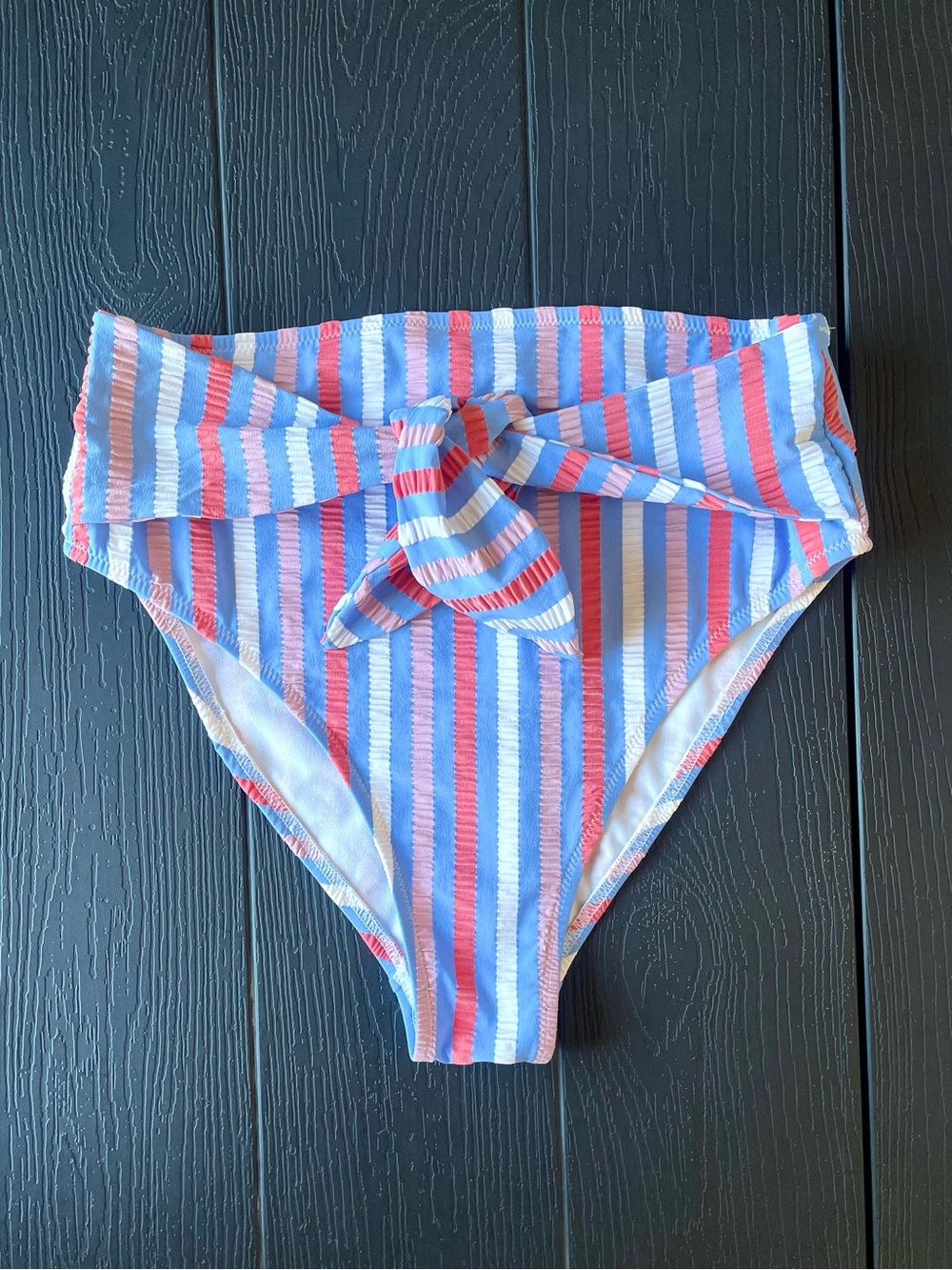 Jessica Simpson Sz M High-Waist Bikini Bottom Retro Tie Sunset Stripe Crinkled